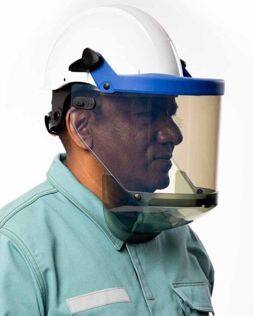 Man Wearing SURVIVE-ARC® Shield Kit 25 cal CAT 2 grey visor, chin guard and blue cap bracket