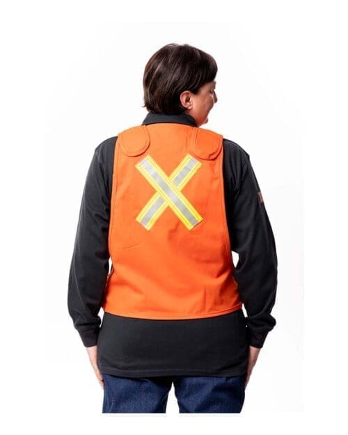 SURVIVE-ARC® 12.4 Cal CAT 2 braces in orange with 50mm FR lime/silver reflective tape