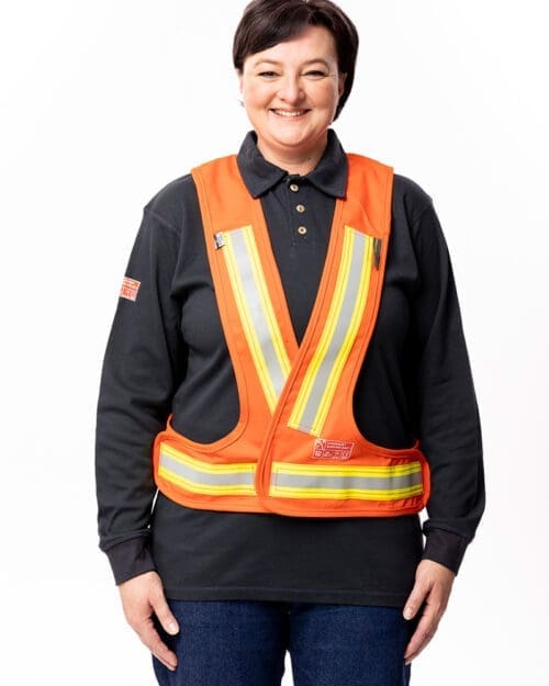 SURVIVE-ARC® 12.4 Cal CAT 2 braces in orange with 50mm FR lime/silver reflective tape