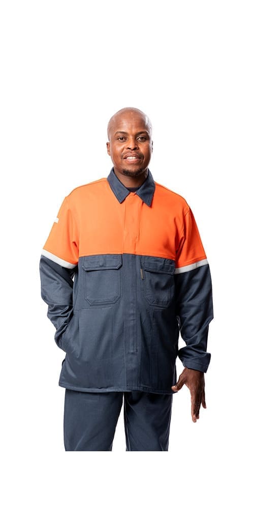 a man wearing a blue and orange two tone contractors jacket