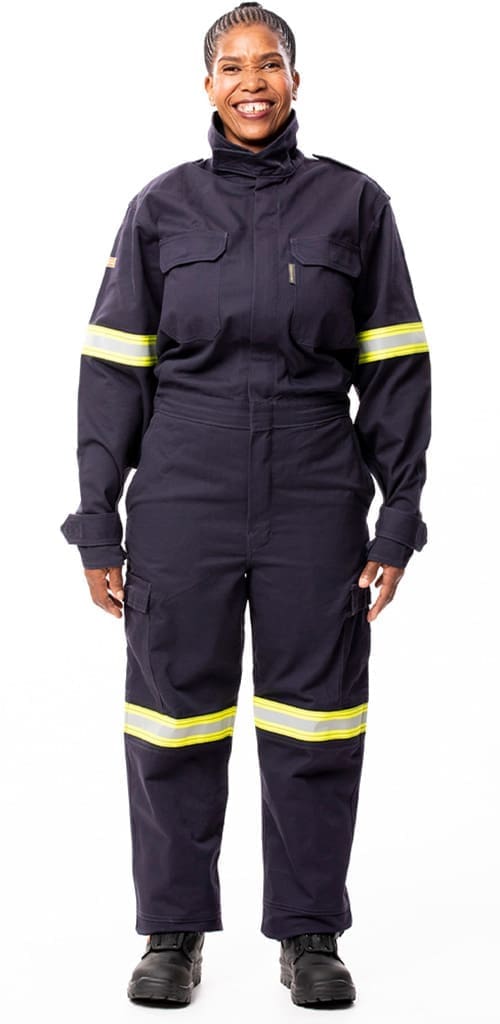FIRE-SAFE® 9 oz Bushfire coverall with 50mm FR Lime/Silver Reflective Tape on Biceps and above Knees