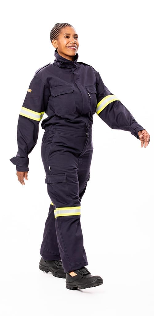 FIRE-SAFE® 9 oz Bushfire coverall with 50mm FR Lime/Silver Reflective Tape on Biceps and above Knees