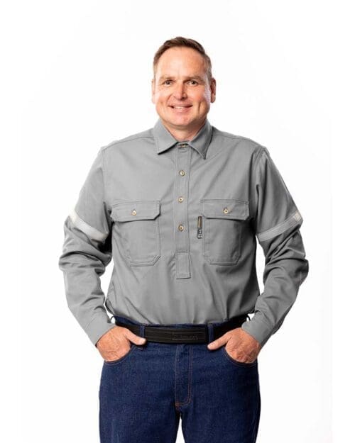 a man with hands in pockets wearing SURVIVE-ARC® Grey Shirt with Silver Reflective Tape